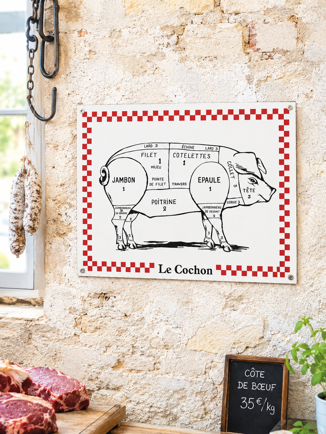 plaque-emaillee-boucherie-cochon-email-replica-LECN Plaque émaillée boucherie Le Cochon Email Replica