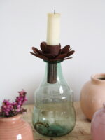 Support bougie fleur pour bouteille vase métal patine rouille