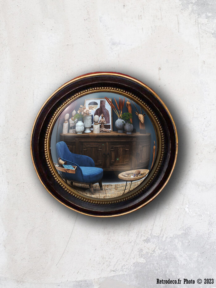 Petit miroir rond convexe bord or antique 19cm déco brocante Chehoma