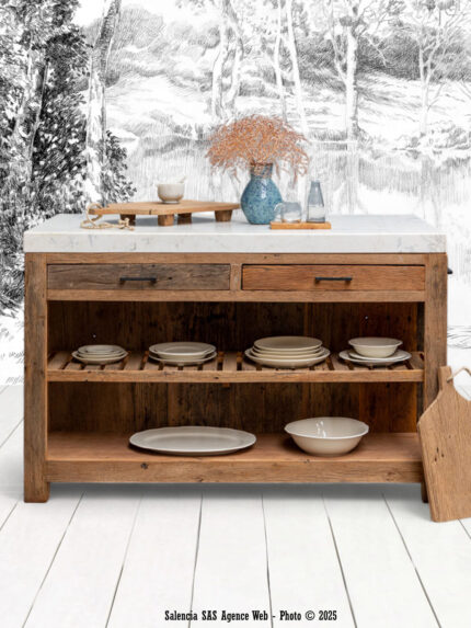 Îlot de cuisine Greta marbre et bois recyclé