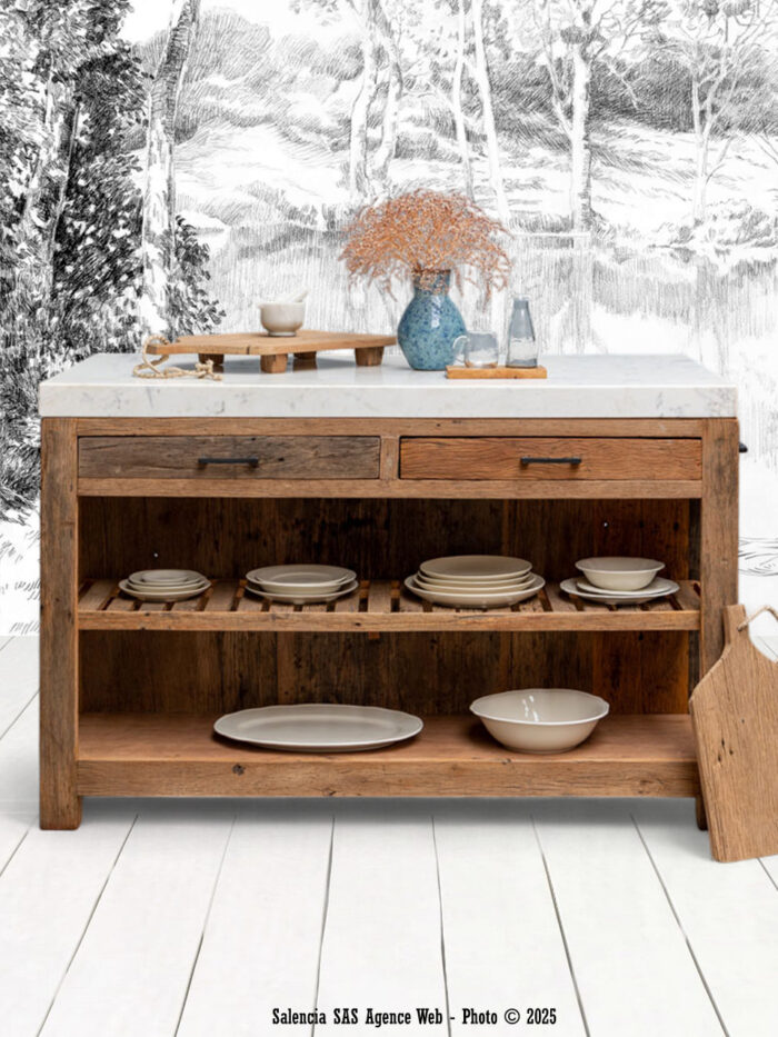Îlot de cuisine Greta marbre et bois recyclé