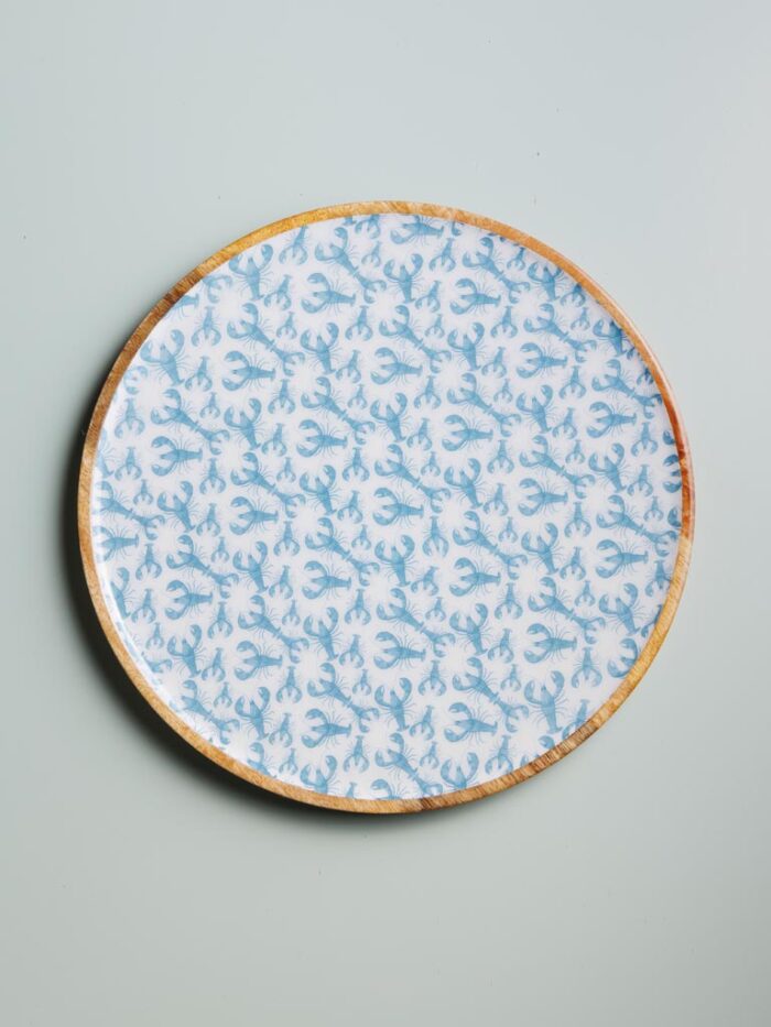 Grand plateau rond manguier émaillé bleu Homards Chehoma – Image 1