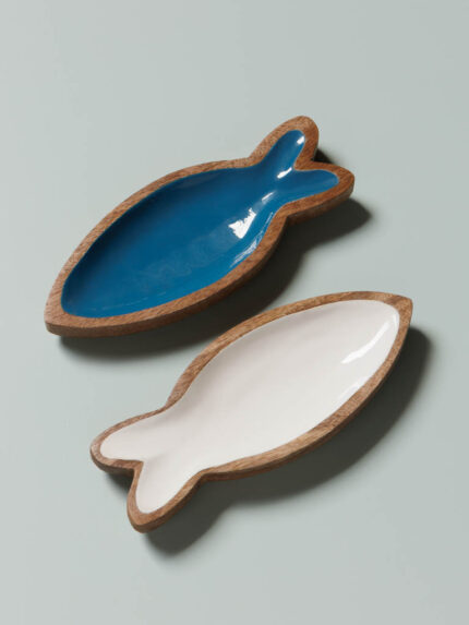 Set de 2 plats poissons lacqués blanc et bleu Chehoma