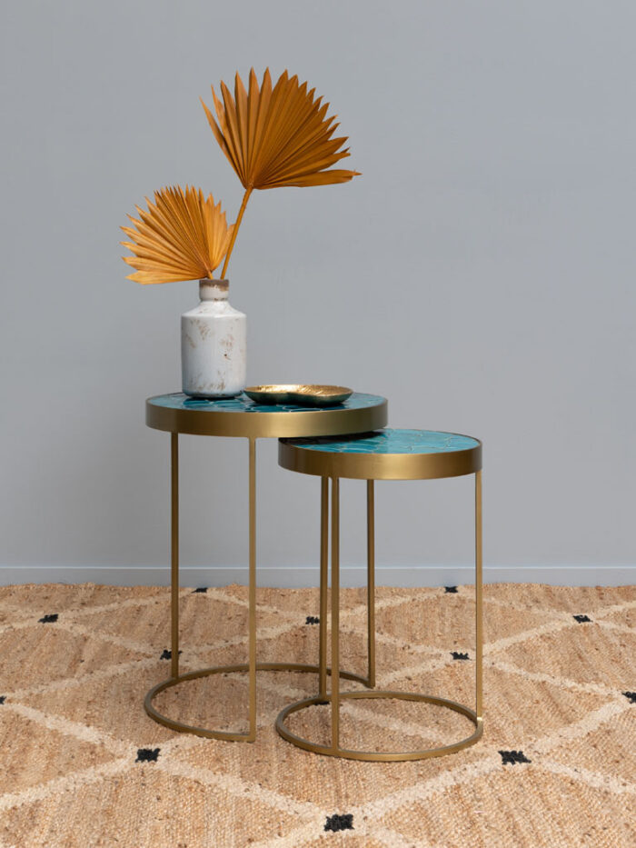 Set 2 tables d'appoint céramique bleue Praia Chehoma