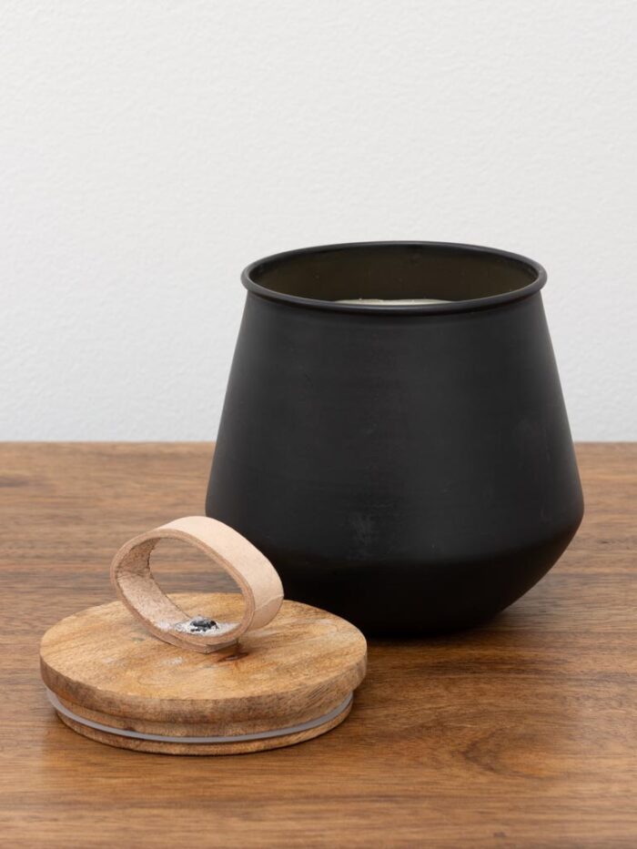 Bougie pot noir couvercle bois cuir – Image 2