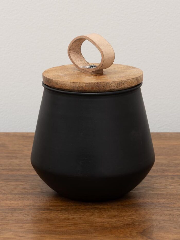 Bougie pot noir couvercle bois cuir – Image 3