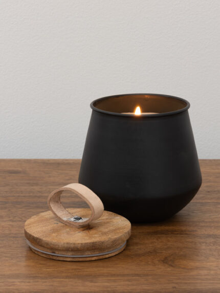 Bougie pot noir et couvercle bois cuir Chehoma