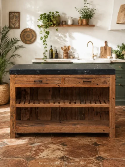 Îlot de cuisine Greta marbre noir bois recyclé CHehoma