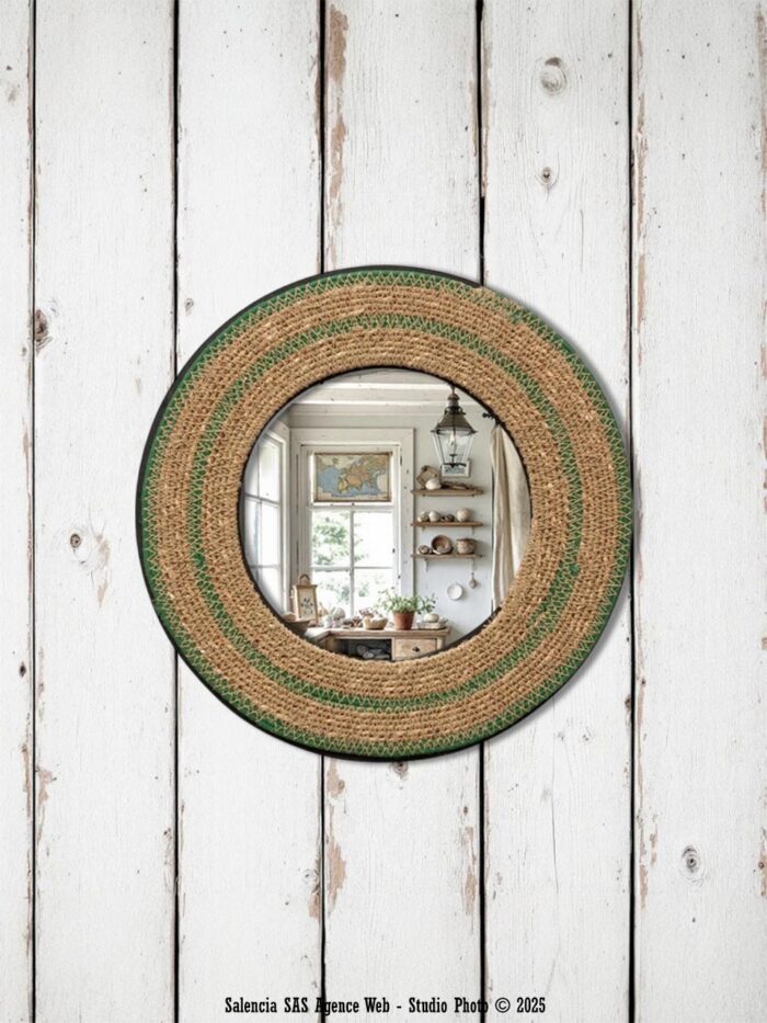 Miroir jute lignes vertes Chehoma