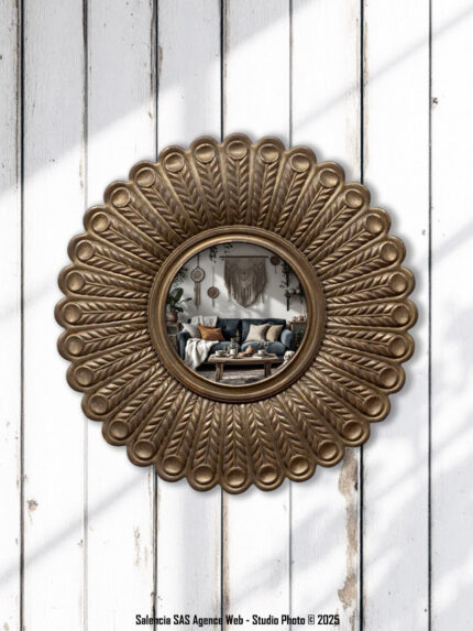 Miroir convexe plumes de paon dorées Chehoma