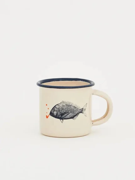 Mini Mug Poissons Émail blanc et bleu Batela