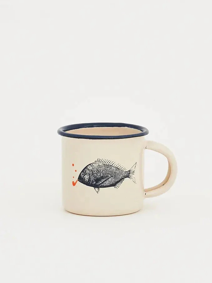 Mini Mug Poissons Émail blanc et bleu Batela