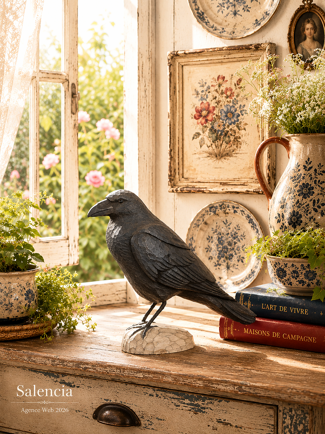 figurine-bois-grand-corbeau-wildlife-garden-WG466 Figurine bois Grand Corbeau – Image 1