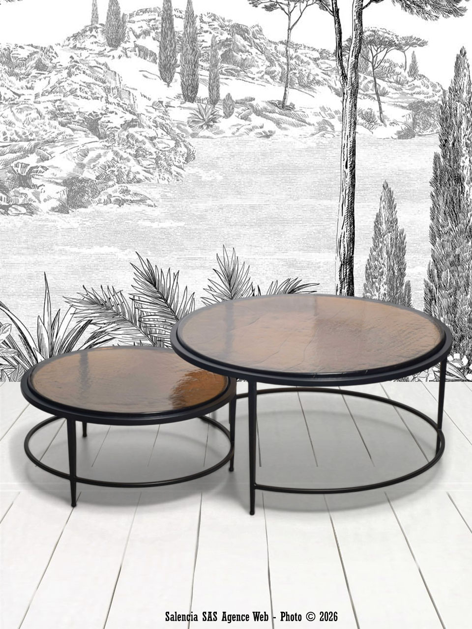 tables-basses-gigognes-verre-fume-metal-noir-igloo-signature-HEN001 Tables basses gigognes verre fumé métal noir Igloo Signature